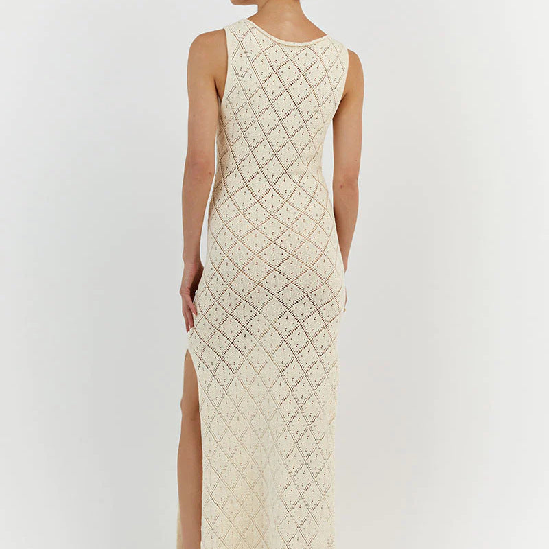 Women Clothing Sexy See through Crocheted Hollow Out Cutout Knitted Long Dress Japear