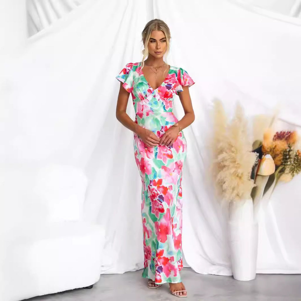 Spring Summer Floral Fresh Sweet V neck Lotus Leaf Sleeve Mid Length Dress XUYUN