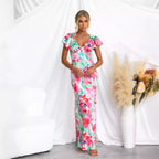 Spring Summer Floral Fresh Sweet V neck Lotus Leaf Sleeve Mid Length Dress XUYUN