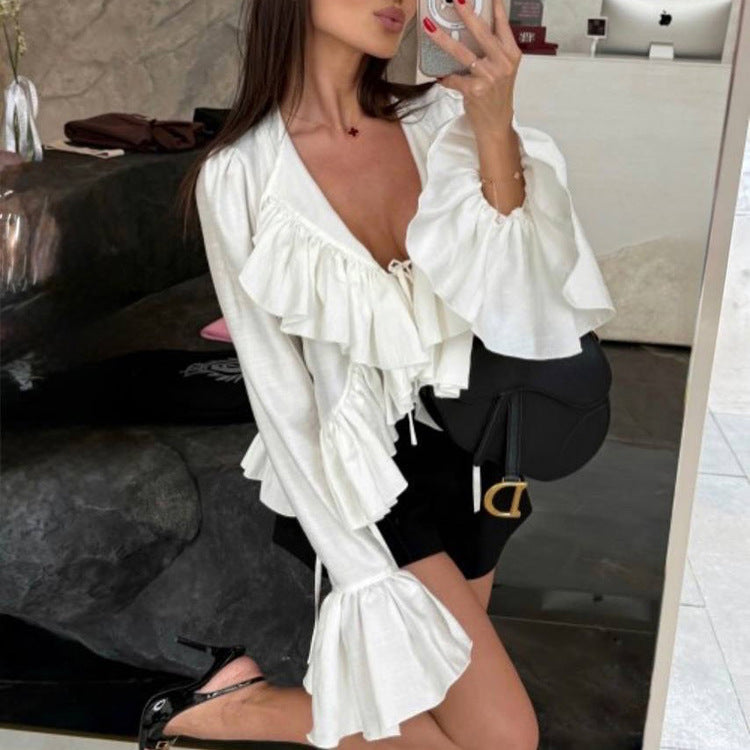 Women Clothing Spring Ruffled Flare Sleeve Tie Neck Top All Matching Shirt Kigali