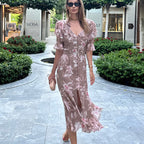 Elegant Fashionable Printing a Line Dress Women Summer V neck Short Sleeve Single Breasted Split Dress Kigali