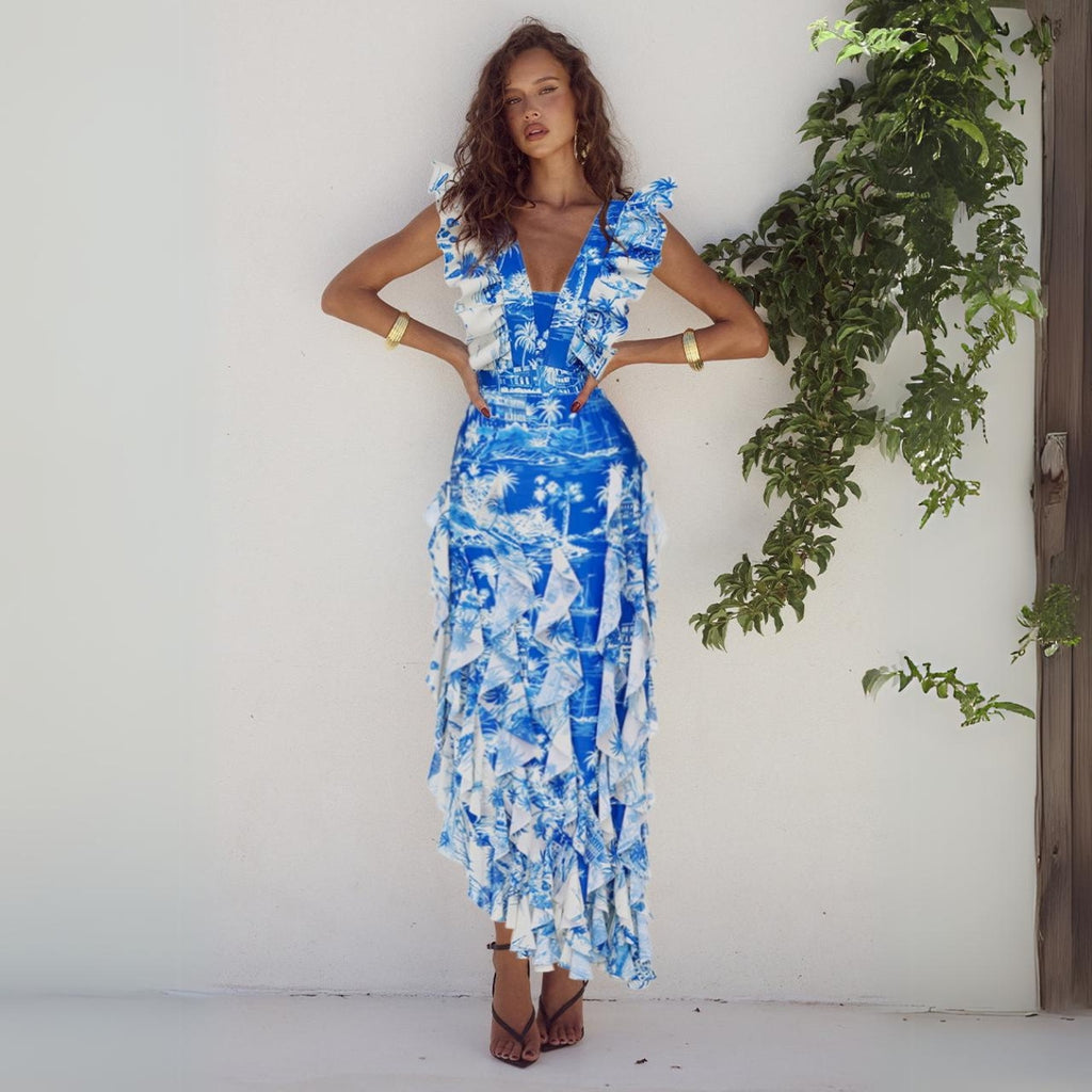 Swimsuit Blue Color Coconut Tree Island Printed One Piece Swimsuit Women ShineRealm