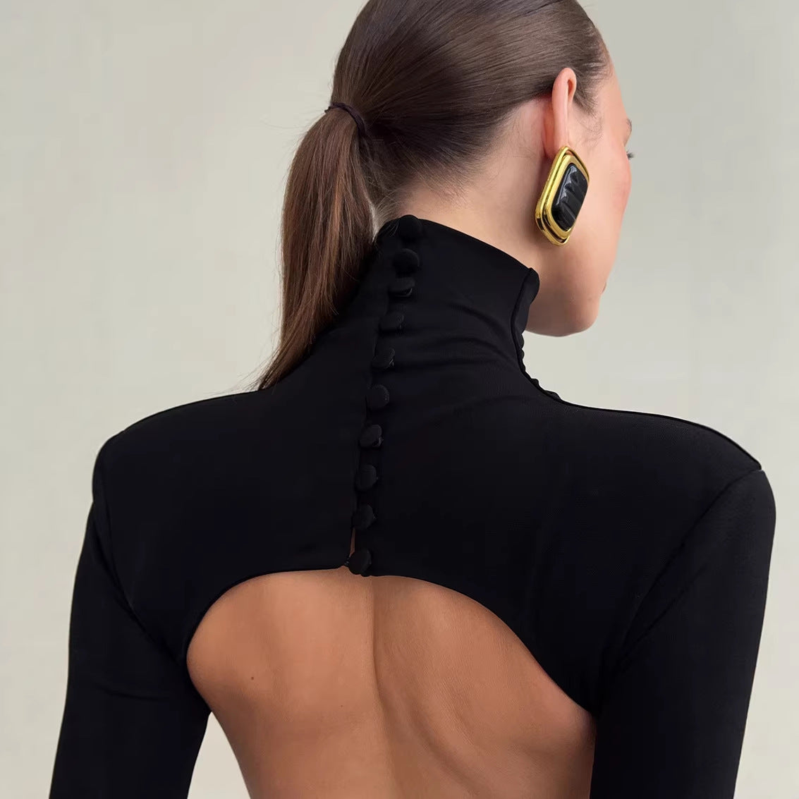 Spring Elegant Black Sexy Backless Knitted Slim Fit Long Sleeved Turtleneck Dress for Women FOREVEREIGHTEEN