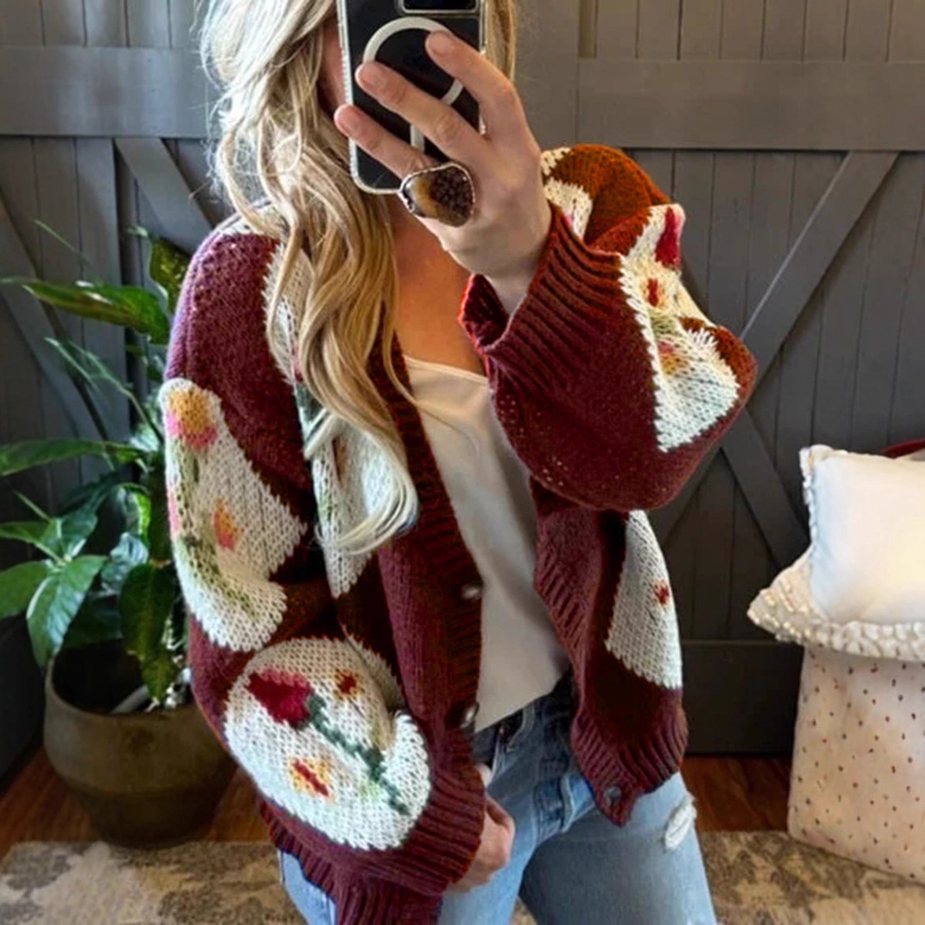 Suéter de punto informal de jacquard con estampado floral de colores contrastantes y botonadura sencilla para mujer, otoño/invierno