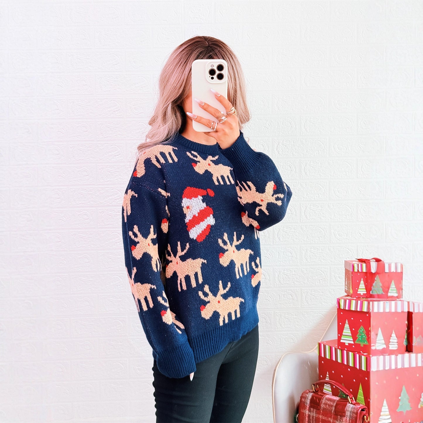 Christmas Contrast Color Deer Sweater Crew Neck Casual Loose Year Knitted Top