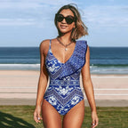 Traje de baño de una pieza con volantes y un hombro para mujer, sexy, sin espalda, estampado, traje de baño