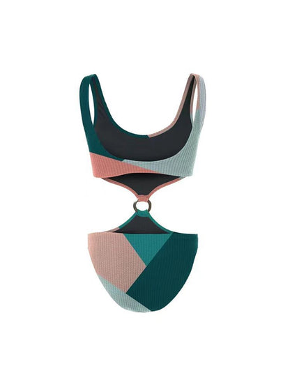 Conjunto de bikini de una pieza con estampado de contraste de color, falda de gasa de malla Wishi, traje de baño para vacaciones