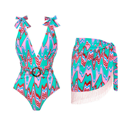 Traje de baño sexy de primavera para mujer, traje de baño con estampado conservador, conjunto de falda cruzada