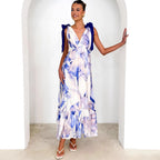 Summer Women Maxi Dress V neck Sleeveless Printed Dress XUYUN