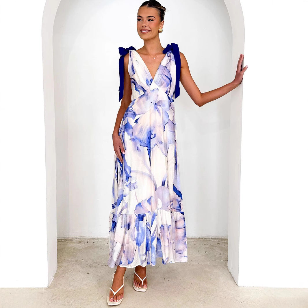 Summer Women Maxi Dress V neck Sleeveless Printed Dress XUYUN