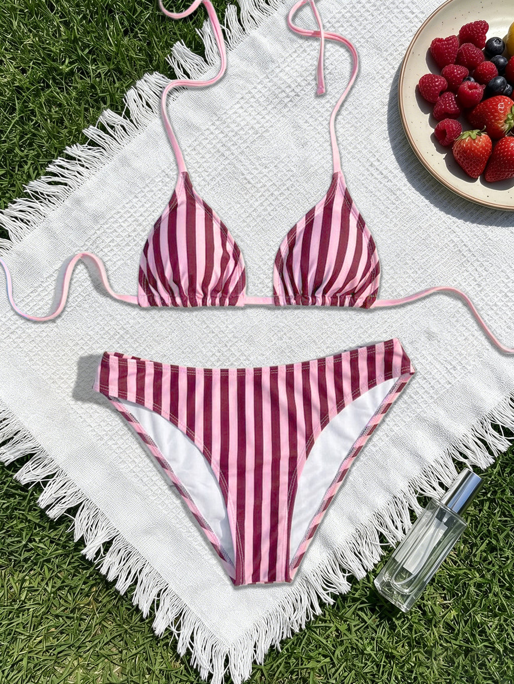 Striped Printed Bikini Triangle Cup Lace up Sexy Backless Split Bikini Swimsuit WithWind