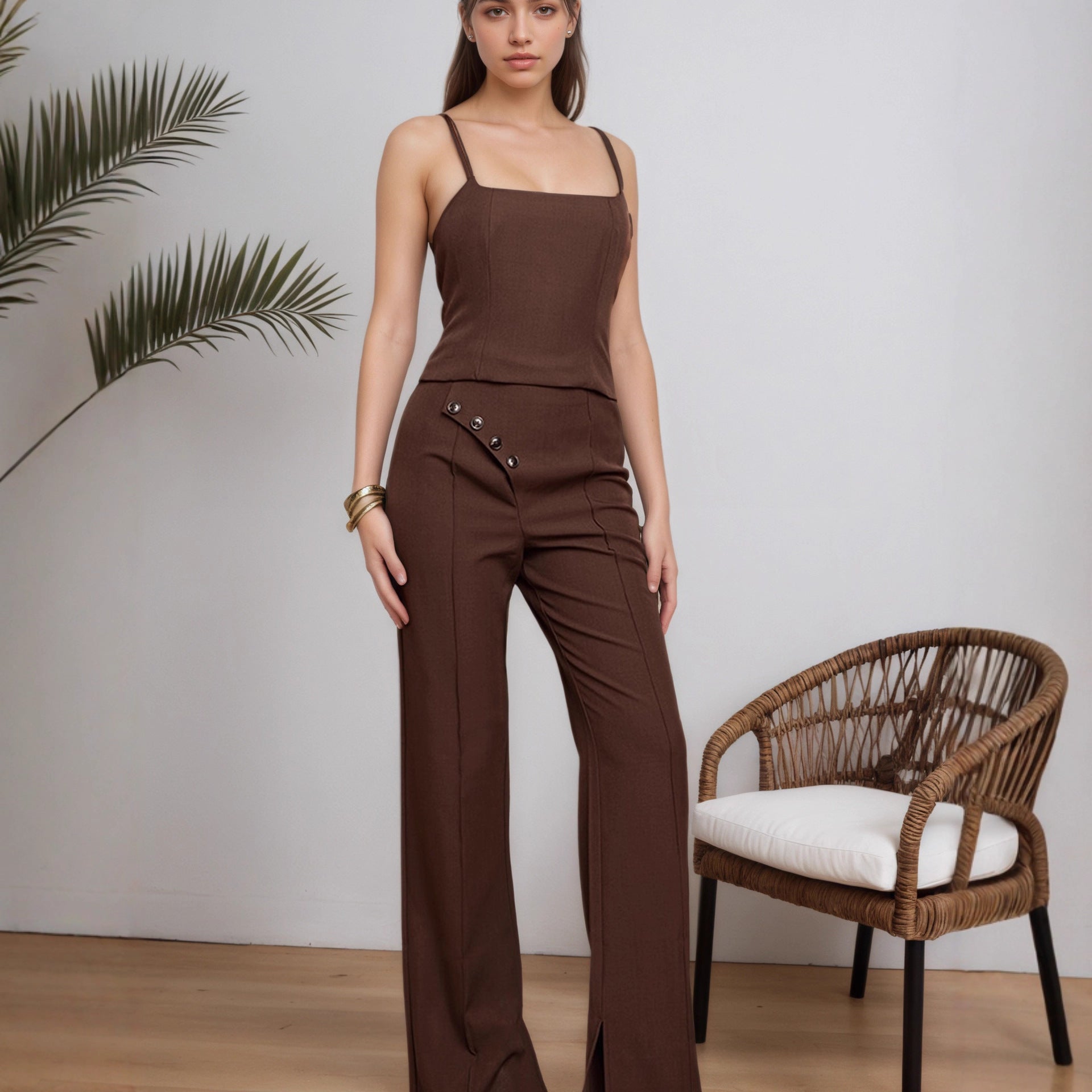 Women Clothing Spring Summer Women Elegant Sleeveless Wide Leg Pants Two Piece Set Rogan