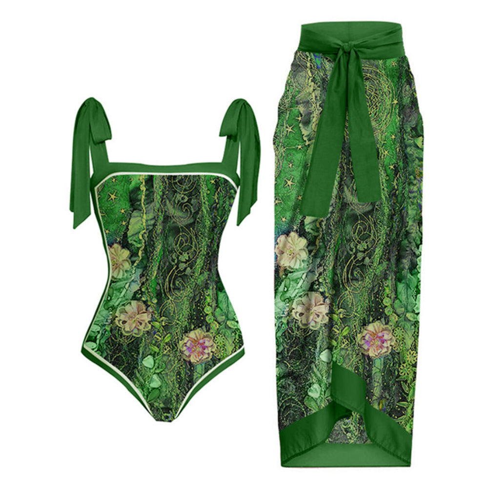 Traje de baño de dos piezas con falda de gasa y estampado multicolor para mujer, antiexposición y protección solar.