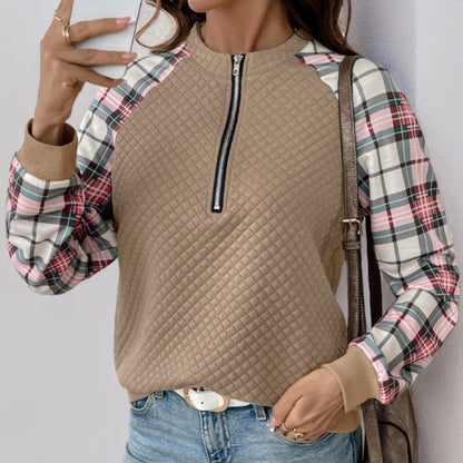 Casual Retro Cardigan Zipper Plaid Stitching Diamond Patterns Fabric Sweatshirts