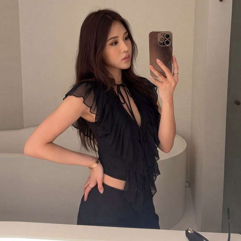 Women Clothing Summer Sexy Deep V Plunge neck Flounce Stitching Strap Sleeveless T shirt Top Flash Vision