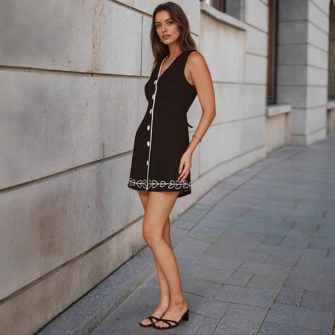 Elegant Slim Vest V neck Sleeveless Single Breasted Slimming Embroidery Dress Rogan