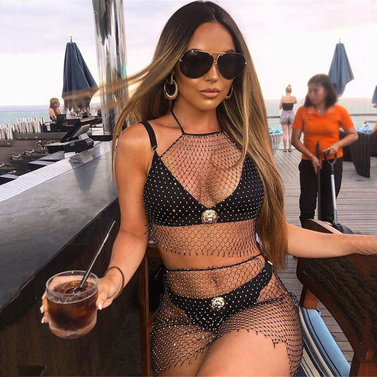 Falda de tirantes sexy con destellos de diamantes de imitación, malla de red de pesca, blusa de playa, conjunto de falda de tirantes con diamantes de imitación