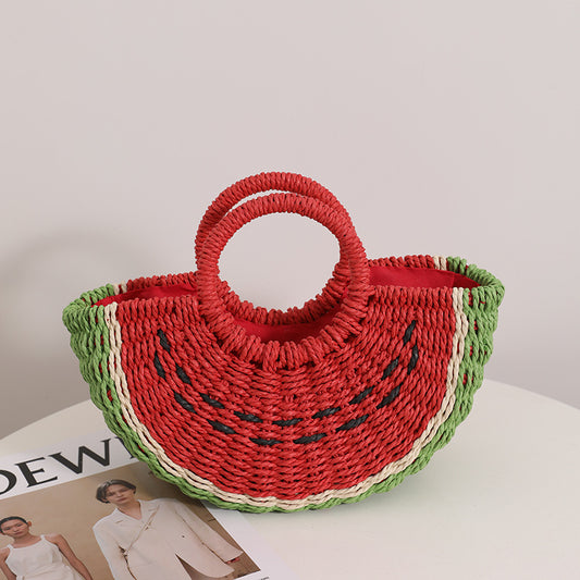 Bolso portátil de paja tejida con sandía fresca de color caramelo, bonito bolso de playa para vacaciones en la playa. 