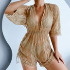 Long Sleeve Mesh Corset Swimsuit Women High Waist Drawstring Sun Protective Blouse Three Piece Bikini Peaches