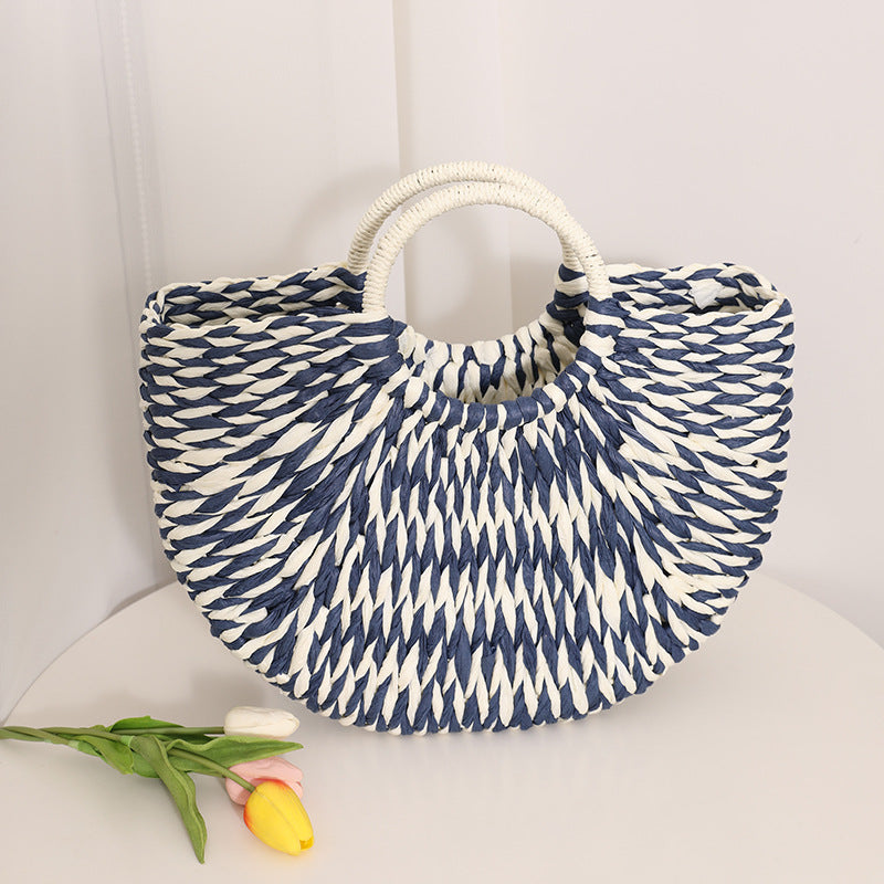 Niche Semicircle Portable Straw Weaved Bag Retro Color Hand Carrying Straw Bag Woven Bag Women Seaside Vacation Beach Bag EaseWoven