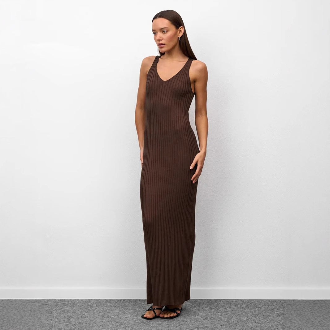 Spaghetti Straps Knitted Dress Summer Wide Shoulder Inner Dress Slim Slimming Dress BlueLine