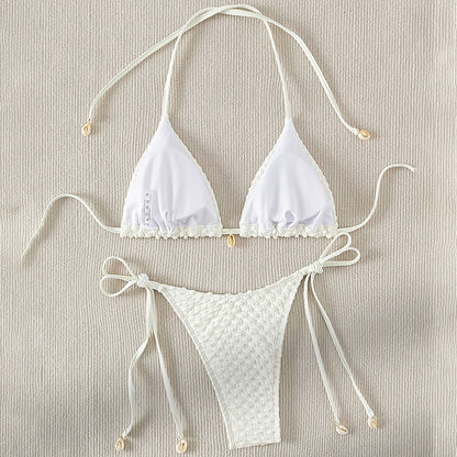 Traje de baño dividido con cordones para mujer, bikini sexy de color liso, traje de baño de playa de primavera, bikini