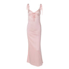 Robe d'été sexy en satin à bretelles et col en V, sans manches, à nouer soi-même, pour femme