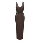 Black Mesh Stitching See through Sleeveless Sheath Dress Sexy Waist Trimming Slim Dress Sight