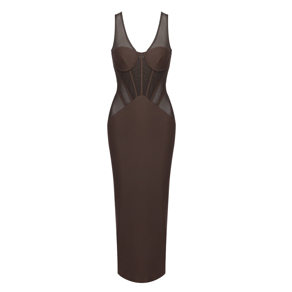 Black Mesh Stitching See through Sleeveless Sheath Dress Sexy Waist Trimming Slim Dress Sight