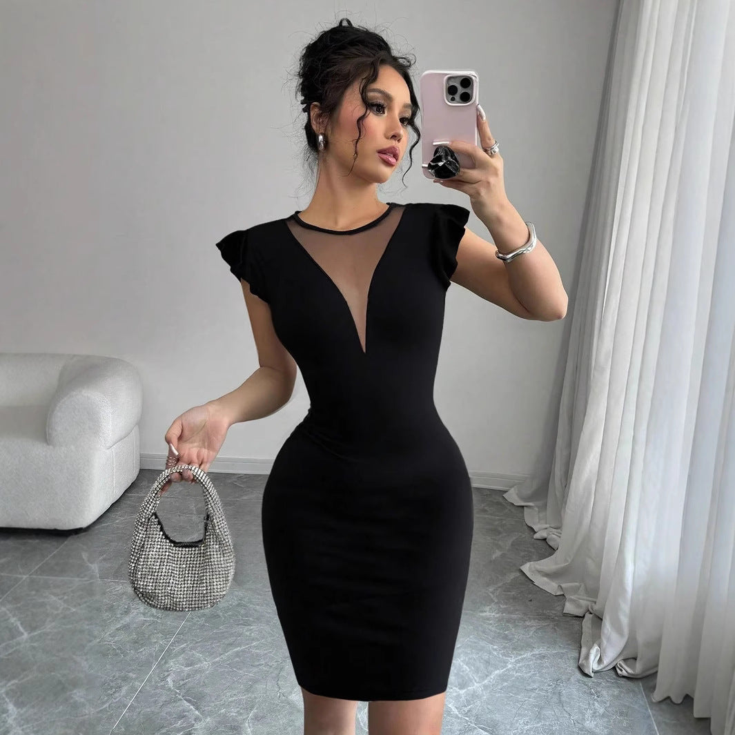 Robe d'été élégante et flatteuse pour femme, col rond, couleur unie, coupe ajustée, tendance