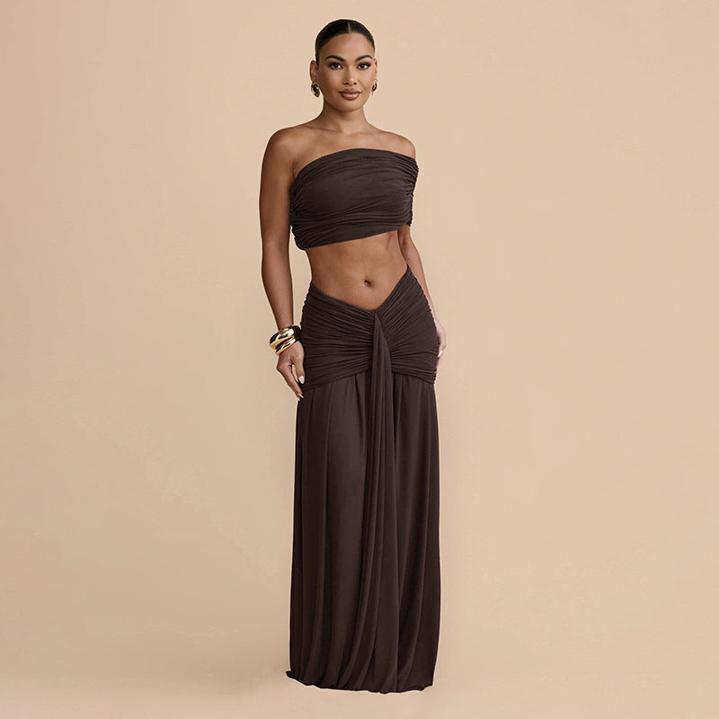 Women Clothing Spring Sexy Solid Color Tube Top Vest Slim Ribbon Pleated Skirt Sets YIMAIL