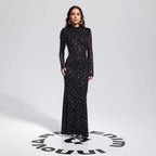 Vestido negro sexy con tirantes y diamantes de imitación, ajustado, de manga larga.