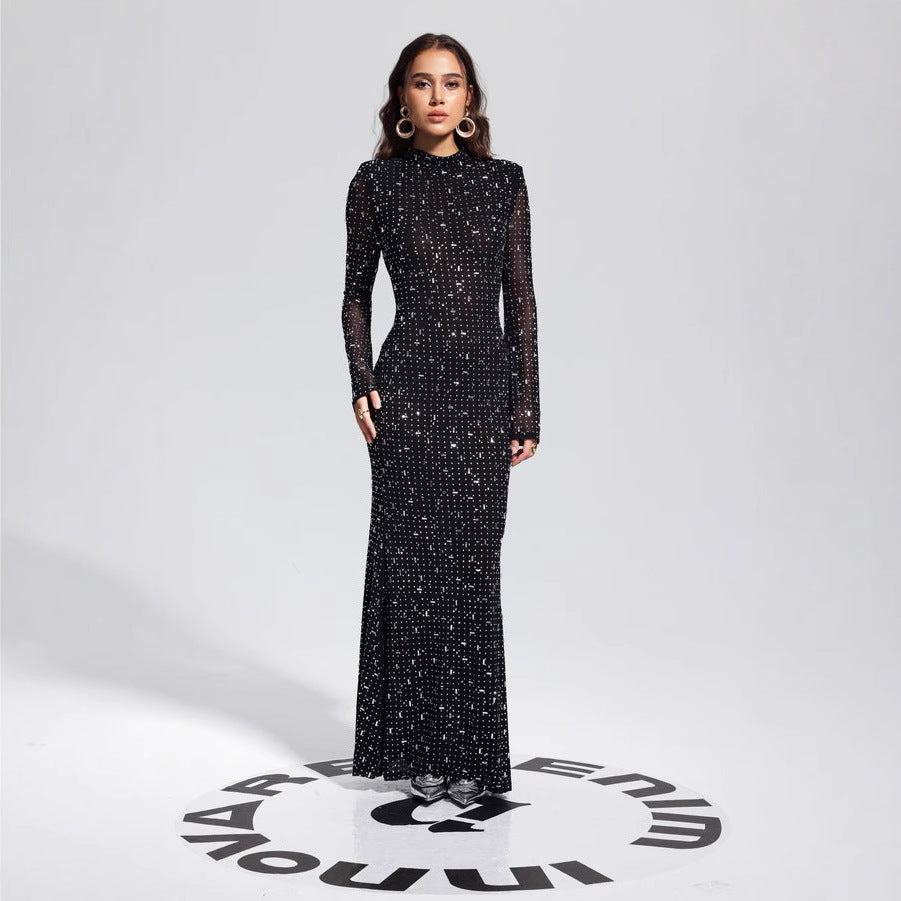 Vestido negro sexy con tirantes y diamantes de imitación, ajustado, de manga larga.