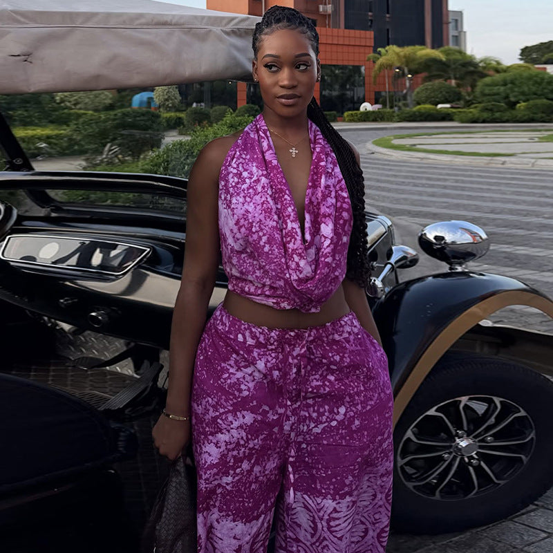 Special Multicolor Women Clothing Loose Pleated Printed Pants Set Swing Collar Summer Outdoor Long Two Piece Set Kinci
