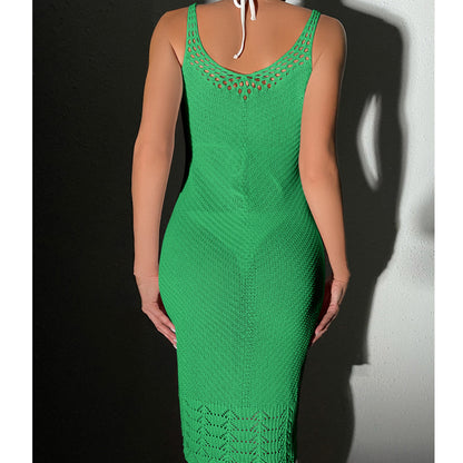 Women Clothing Mid-Length Sexy Crocheted Hollow Out Cutout U Collar Strap Dress Knitted Beach Dress Crochet hook