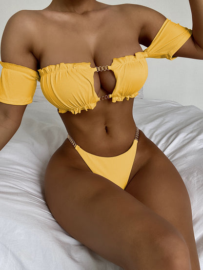 Bikini Double Solid Color Bikini Women Swimsuit Swimwear Short Sleeve Swimsuit Outfit Beach
