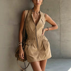 Sleeveless Workwear Dress Fashionable Casual Pocket Zipper Elastic Waist Design Short Dress Venly