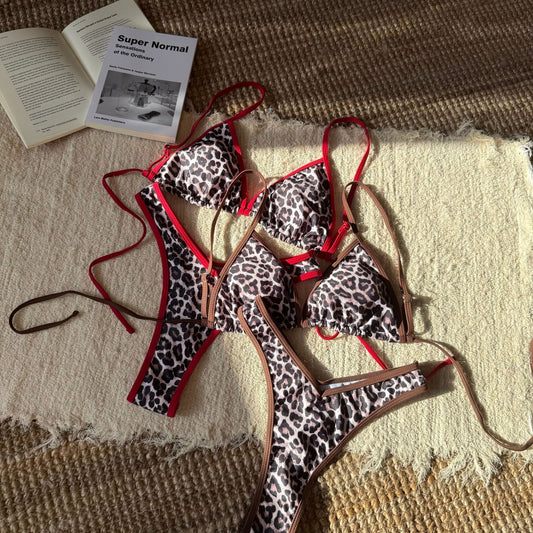 Traje de baño sexy con estampado de leopardo dividido para mujer, traje de baño de bikini de vendaje triangular para mujer