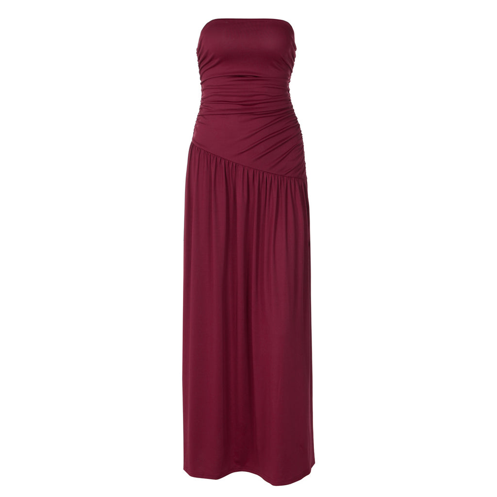 Women Clothing Summer Solid Color Tube Top off Neck Sleeveless Cold Shoulder Maxi Dress LEKINS