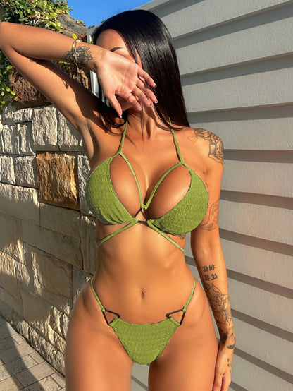 Bikini sexy para mujer, traje de baño triangular con estampado de leopardo y bolsa de color sólido