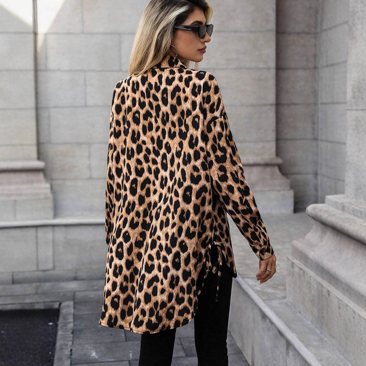Women Autumn Satin Leopard Print Shirt Printed Long Sleeve Long Shirt