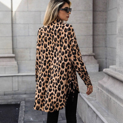 Women Autumn Satin Leopard Print Shirt Printed Long Sleeve Long Shirt