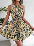 Spring Summer Casual Tied Lotus Leaf Large Swing Floral Dress Women Clothing BAGIISA