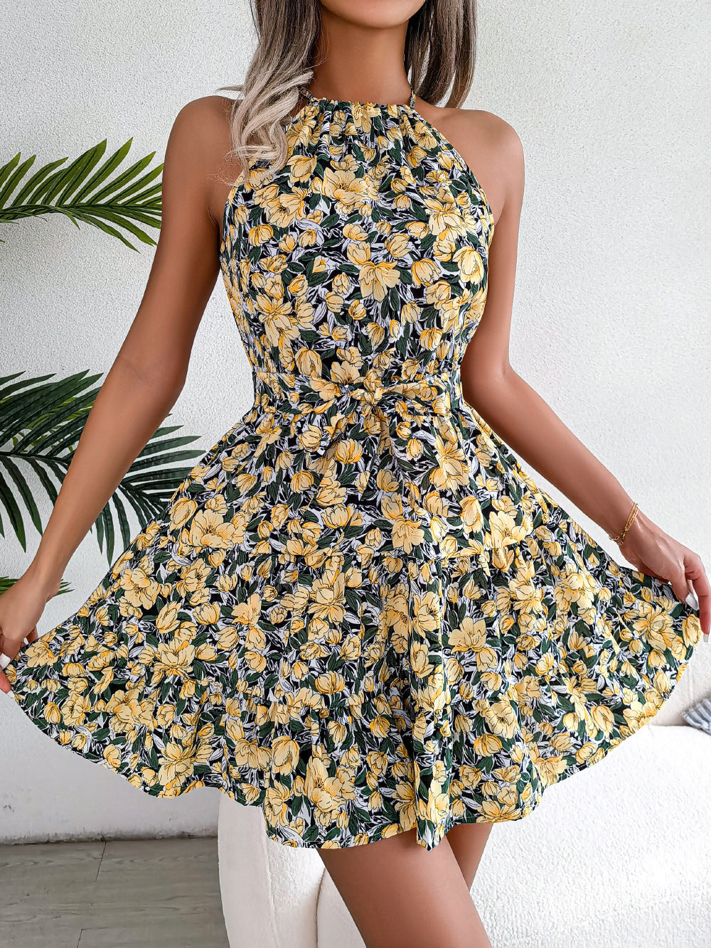 Spring Summer Casual Tied Lotus Leaf Large Swing Floral Dress Women Clothing BAGIISA