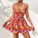 Women Clothing Vacation Dress Spring Summer Seaside Holiday Floral Square Collar Short Dress Yiskiss