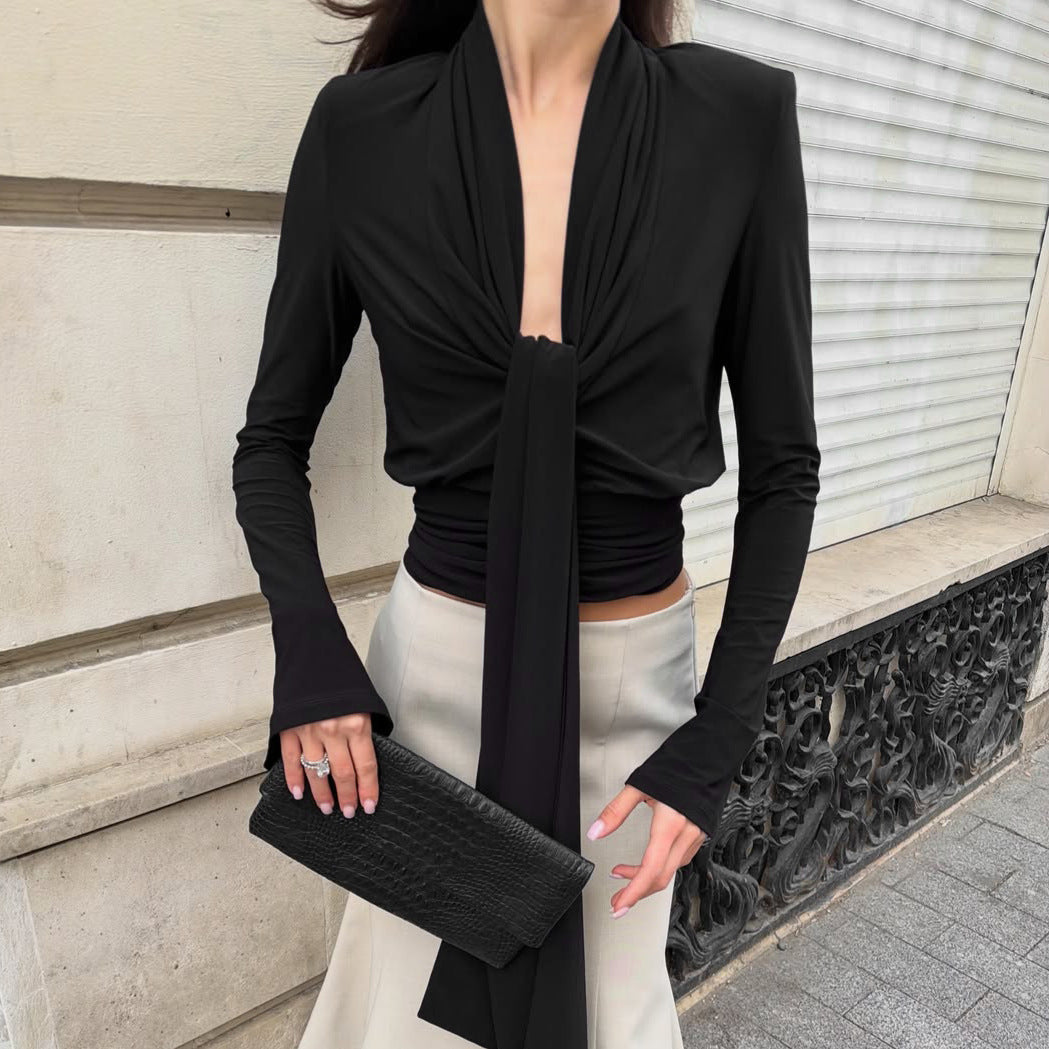 Sexy Low Cut Knitted T shirt Women Autumn Cross Tied Long Sleeves Slim Fit Slim Sexy Top FOREVEREIGHTEEN