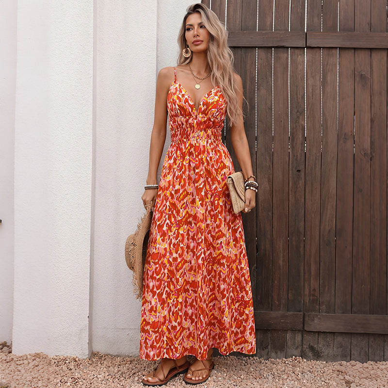 Tropical Vacation Abstract Printing Strap Slim Dress HUNDRED