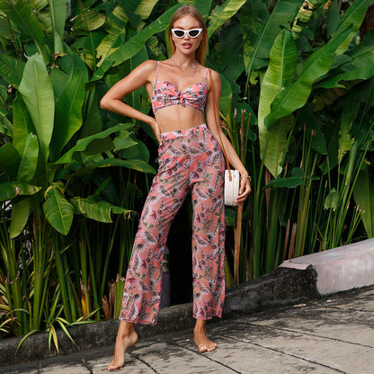 Summer Seaside Vacation Sexy Swimsuit Tube Top Palm Leaf Split Swimsuit Three Piece Suit