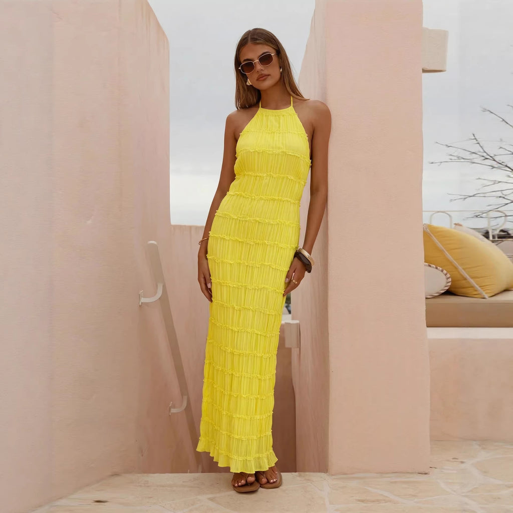 Women Backless Pleated Stripe Fabric Special Dress Breathable Lace up Lotus Leaf Dress VIVIAN