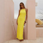 Women Backless Pleated Stripe Fabric Special Dress Breathable Lace up Lotus Leaf Dress VIVIAN